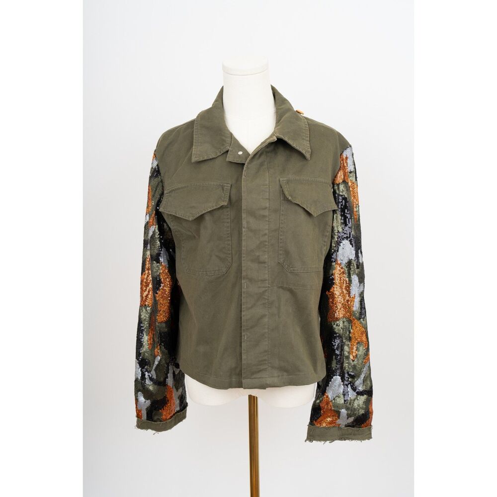 History Repeats Sequined Sleeve Green Utility Jacket Size 42
